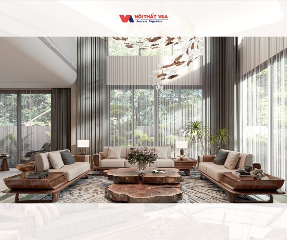 Nội Thất Phòng Khách Gỗ - Với Bàn Trà Gỗ Óc Chó Nguyên Khối