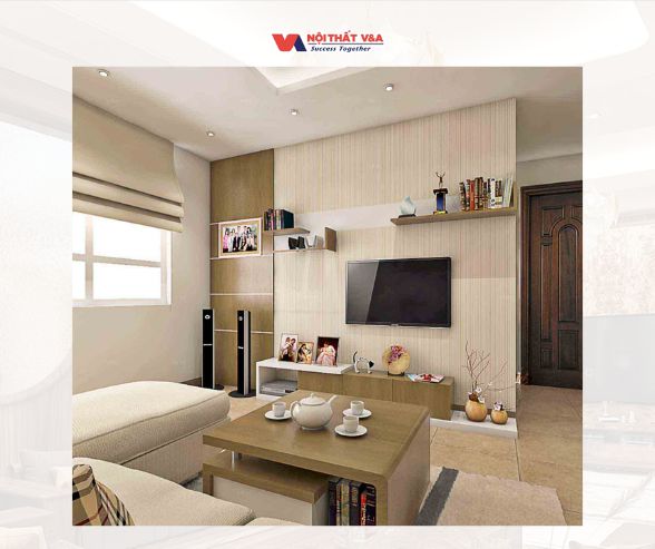 Phòng khách nhỏ với sofa gỗ tối giản và kệ tường - Nội Thất Phòng Khách Gỗ